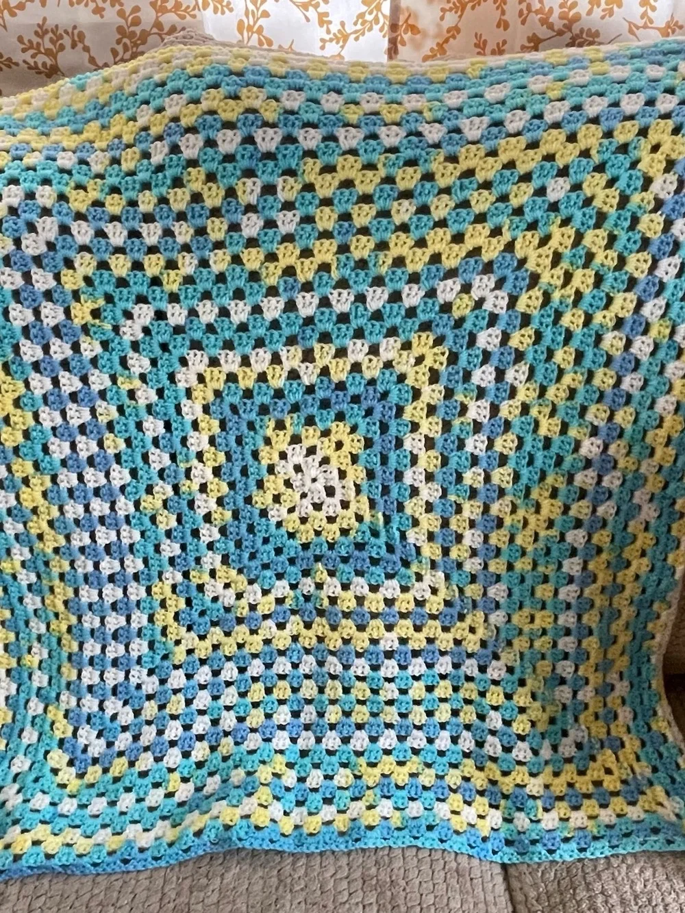 Crocheted Granny Square Throw Blanket - Blue, Yellow, White